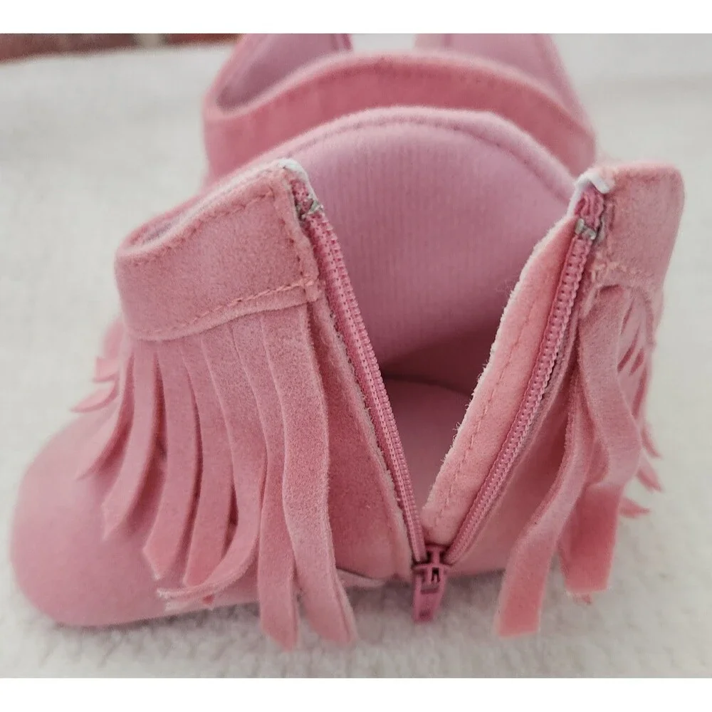 Baby Pink Fringe Cowboy Boots Infant Size 2 Soft Sole Zippered Crib Shoes